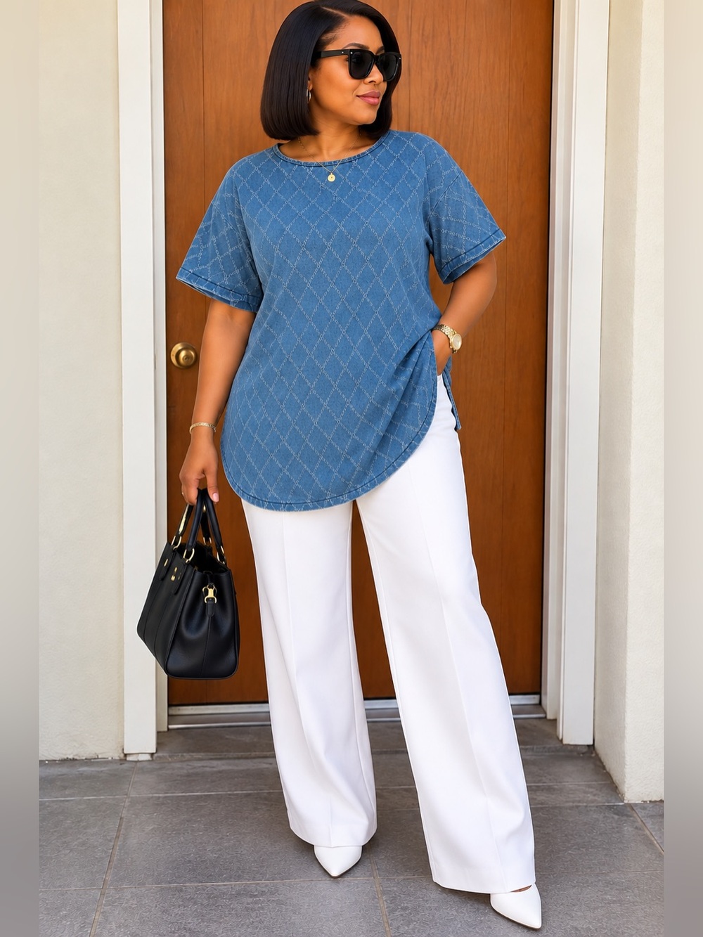 BNWOT Size L Blue Denim Diamond Pattern Oversized Tunic Top